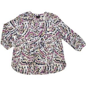 JM‎ Collection Blouse Top Medium Women's Artistic Print Pleated-Back NEW